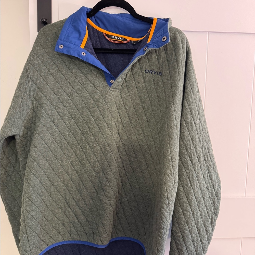 Orvis Quilted Jacket in Olive Green with Blue and Orange Trim